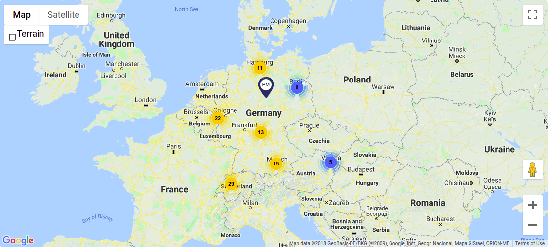 Google Karte von Europa mit verschiedenen Standorten